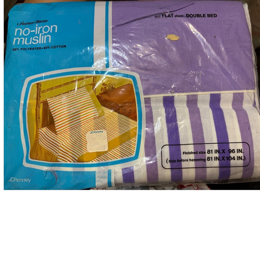 JCPenney Fashion Manor Full Flat Sheet Double Bed 81x96 Purple Stripes Muslin